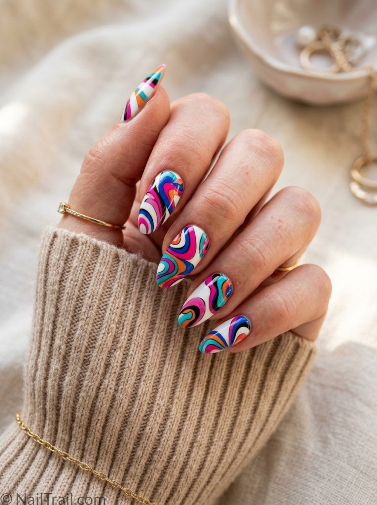 colorful pucci nails almond hot pink blue orange swirl white base glossy 2026