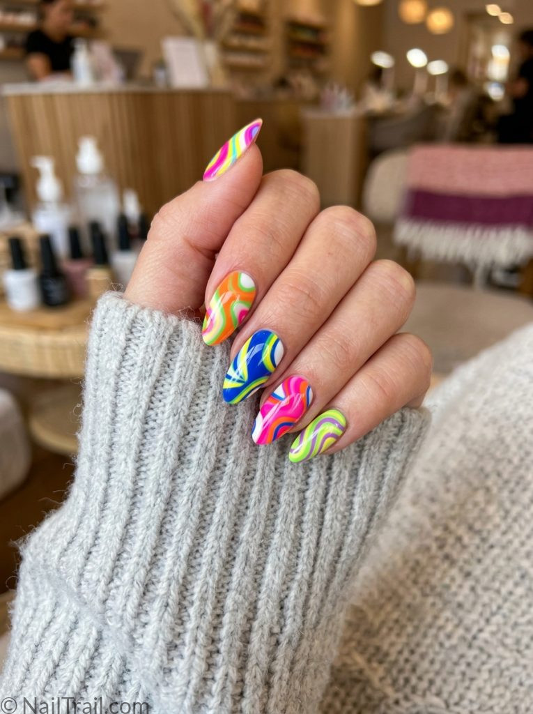 colorful pucci nails full set each nail different swirl neon pink green blue almond glossy 2026