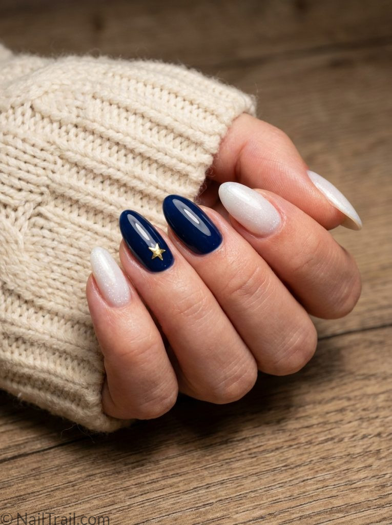 classy 4th of july nails navy gold star white shimmer almond glossy