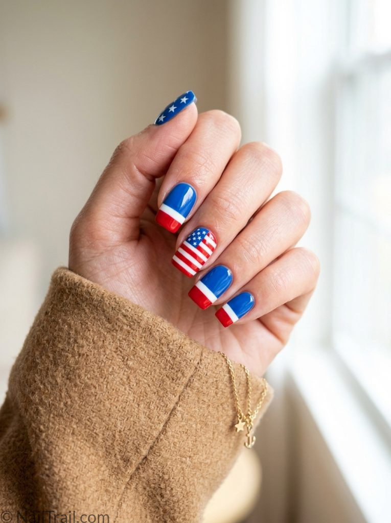 square 4th of july nails red white blue color block square bold glossy