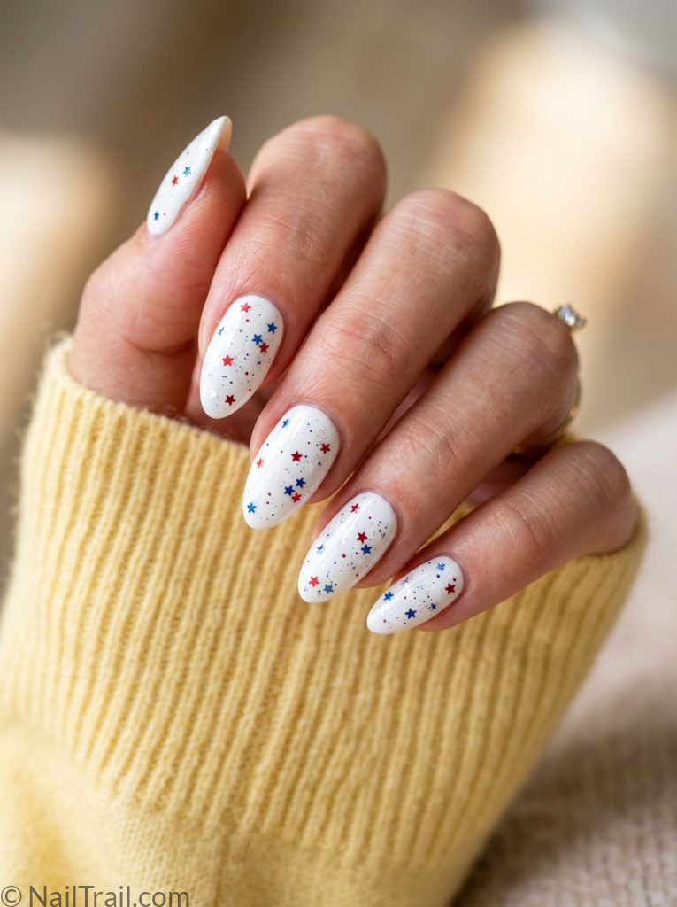4th of july nail inspo glitter stars white base red blue almond glossy