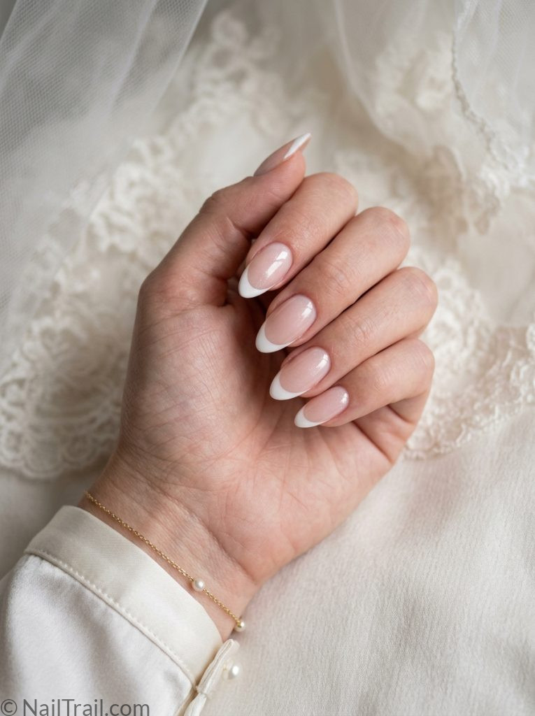 bridal French nail trends 2026 blush almond pearl shimmer white tips