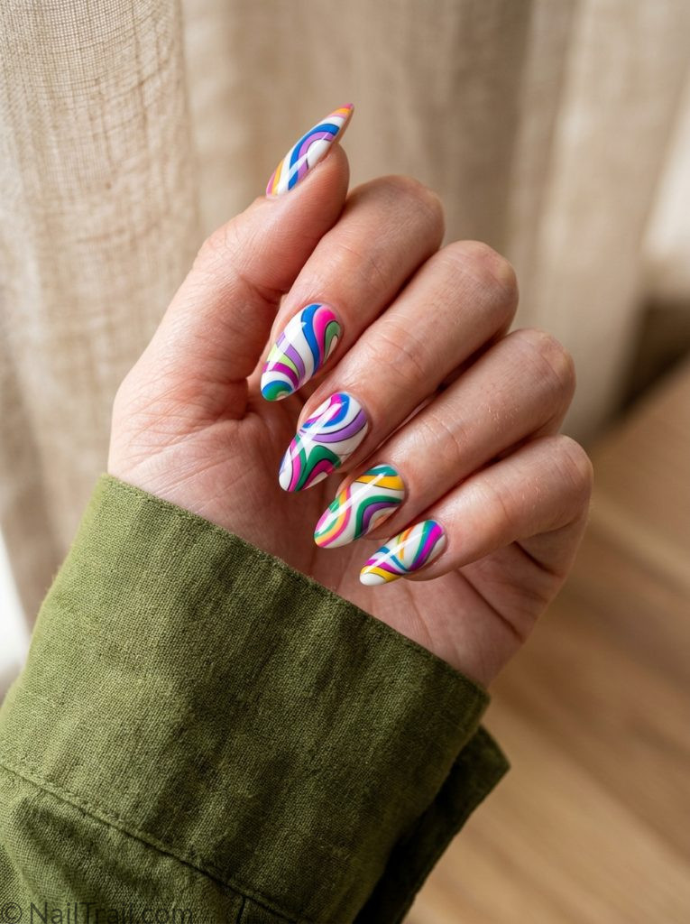 acrylic pucci nails long almond multicolor blue pink purple green swirl glossy 2026
