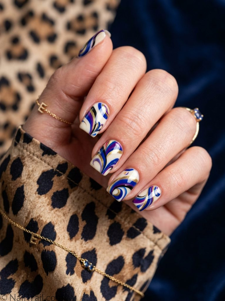 pucci nail ideas square short blue purple gold swirl cream glossy 2026