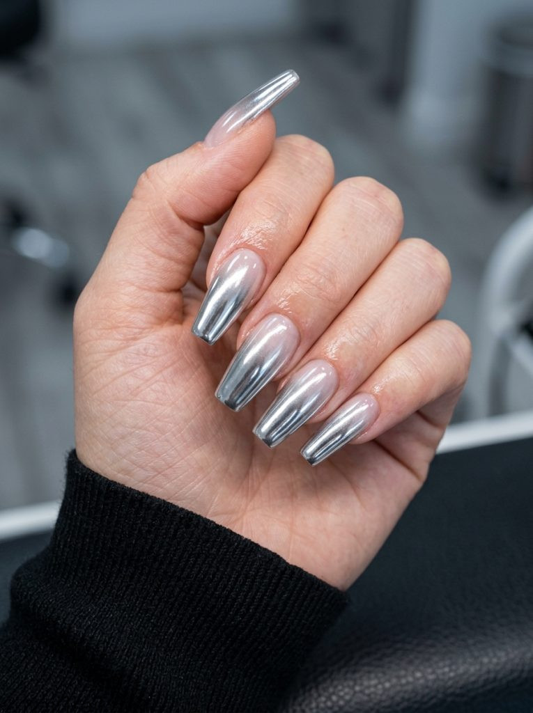 top gel nail trends 2026 chrome fade silver coffin mirror finish