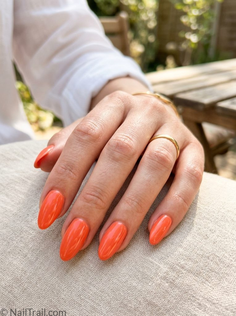  summer nail inspo ideas 2026 coral orange almond glossy vivid