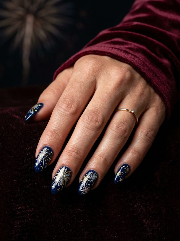 fireworks 4th of july nail art navy gold silver burst sparkle almond glossy