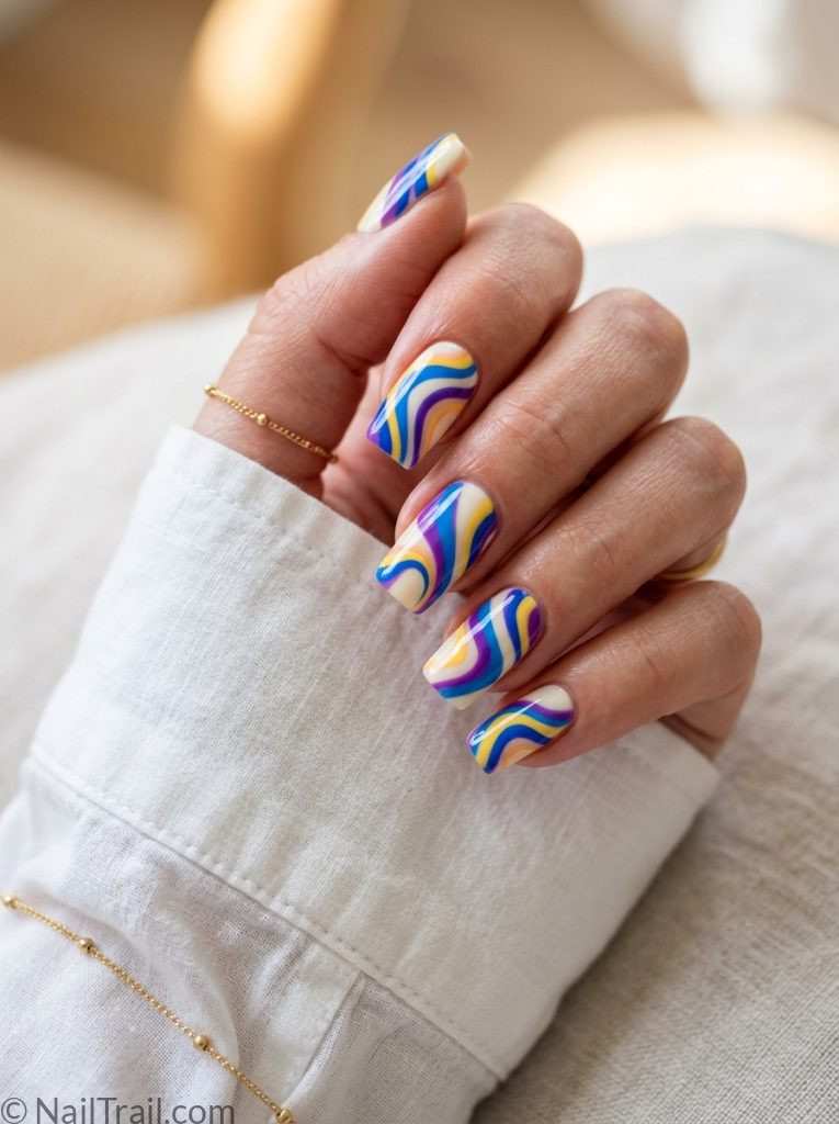 emilio pucci inspired square nails electric blue purple yellow geometric wavy glossy 2026