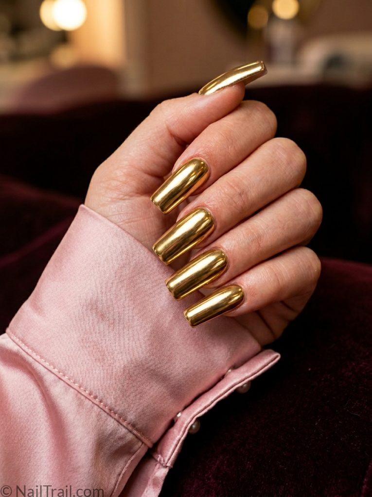 long square nail inspo ideas 2026 gold chrome mirror metallic glossy