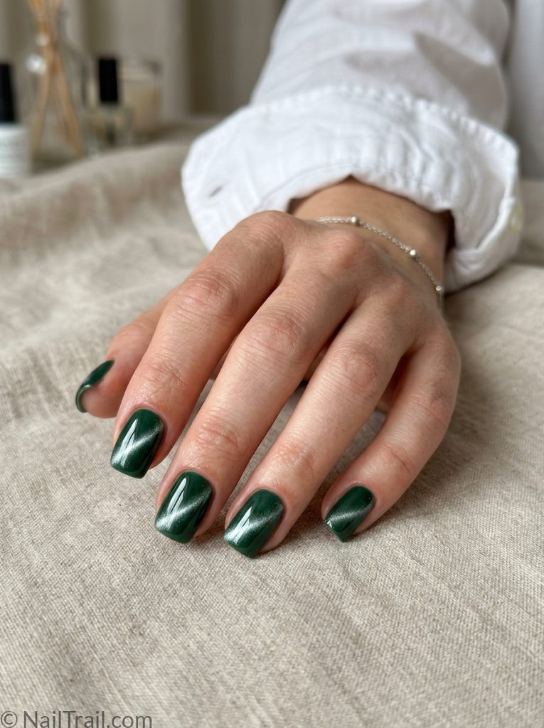short cat eye nail trends 2026 forest green magnetic square