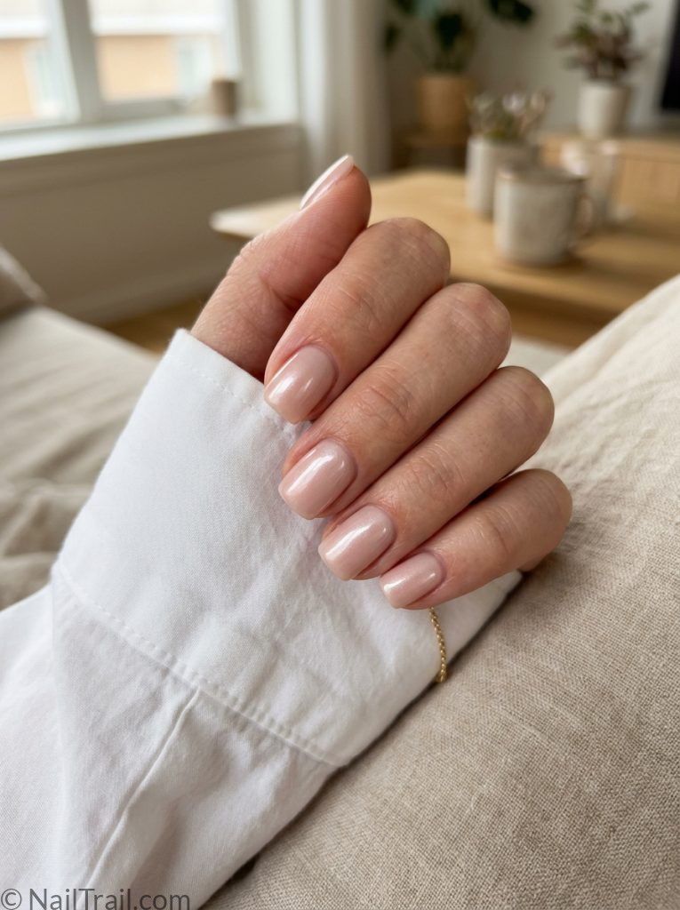 short square nail trends 2026 glazed nude pink pearl shimmer