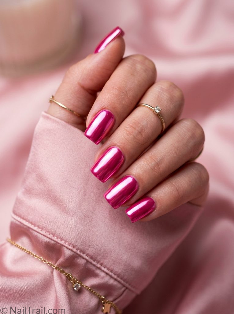 Valentine nail trends 2026 hot pink chrome square mirror finish