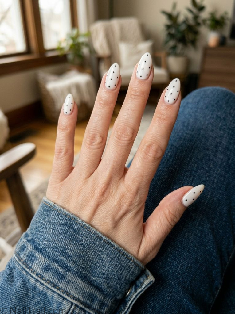 cute polka dot nail inspo ideas 2026 white black dots almond glossy