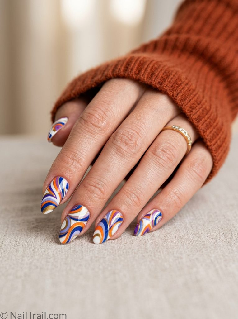 pucci print almond nails multicolor geometric wave blue orange purple gold glossy 2026