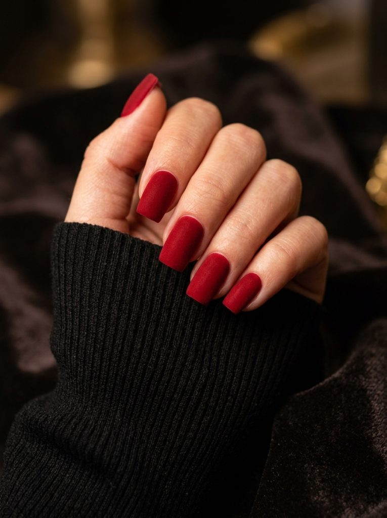 February nail trends 2026 velvet red matte square plush finish