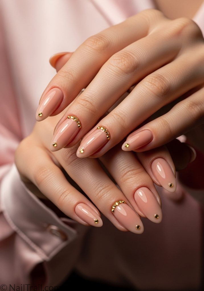 warm nude almond tuscan nails 2000s gold rhinestone details glossy