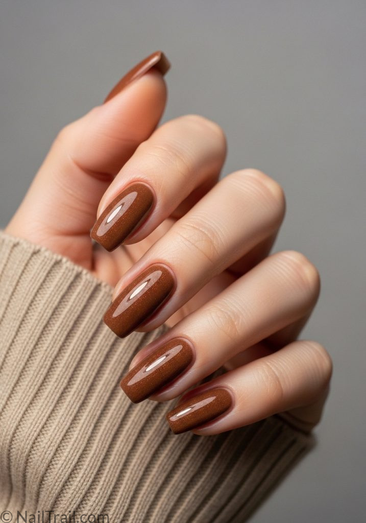 Y2K brown almond tuscan nails shimmer warm medium brown glossy
