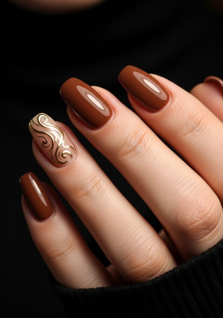 tuscan brown nail art almond 2000s gold swirl detail glossy