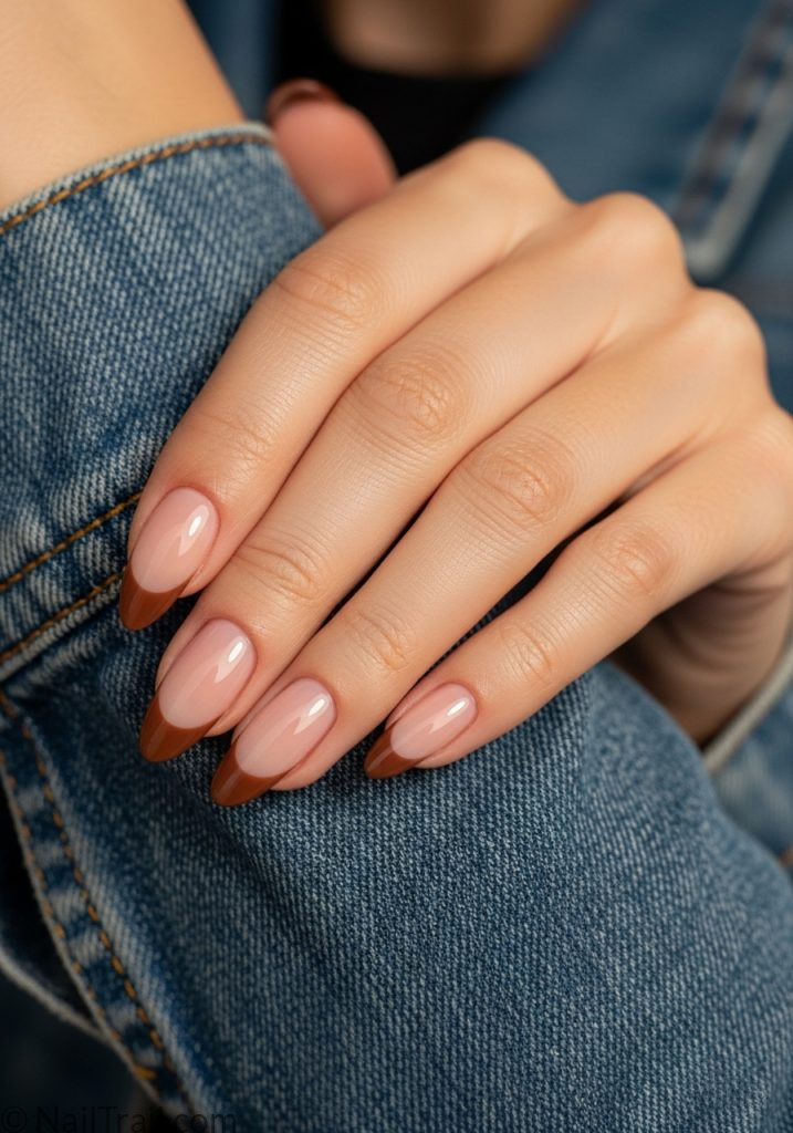 salon quality brown French tip almond tuscan nails 2000s chocolate nude glossy