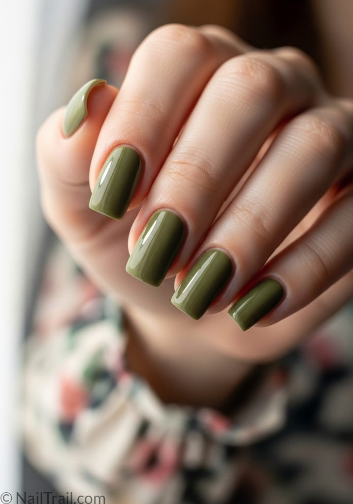 olive green short square tuscan nails 2000s earthy glossy clean edges