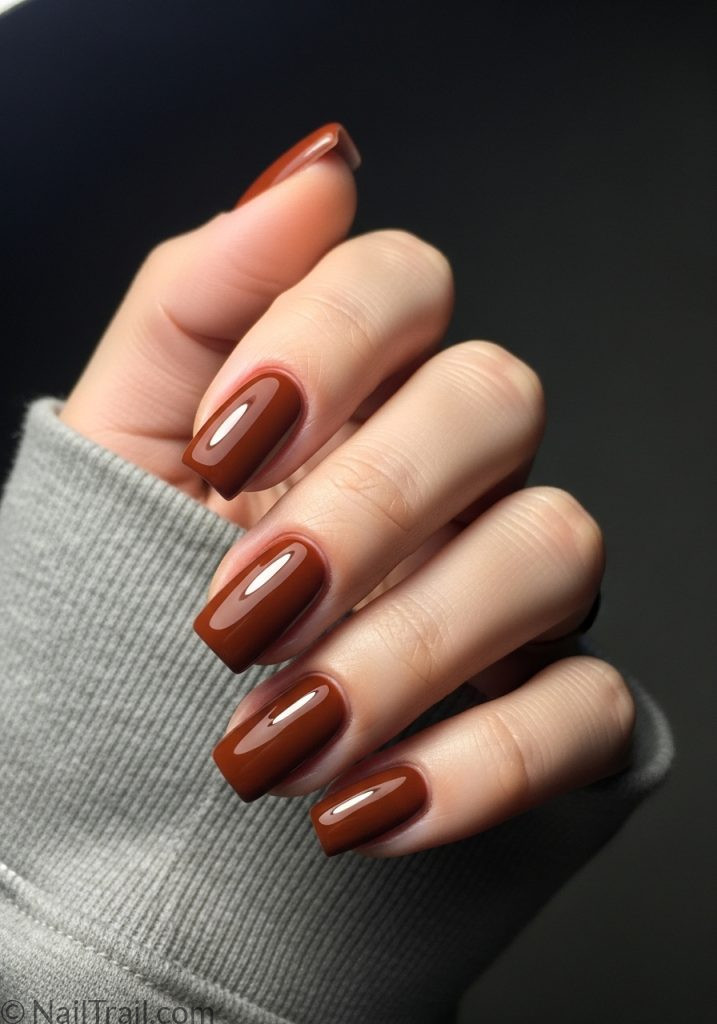 brown short square tuscan nails 2000s chocolate glossy warm