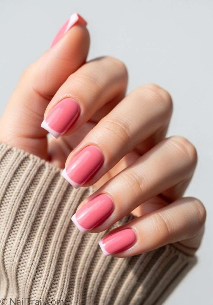 2000s pink short square tuscan nails bubblegum glossy clean edges