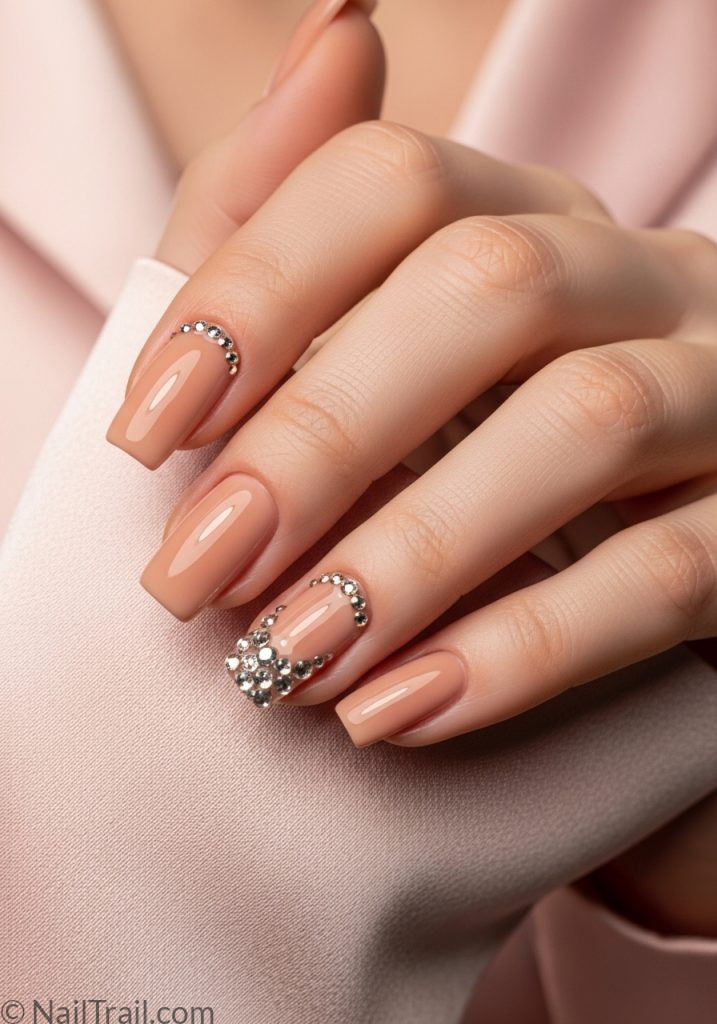 2000s square nail art rhinestones tuscan nails nude crystal cluster glossy