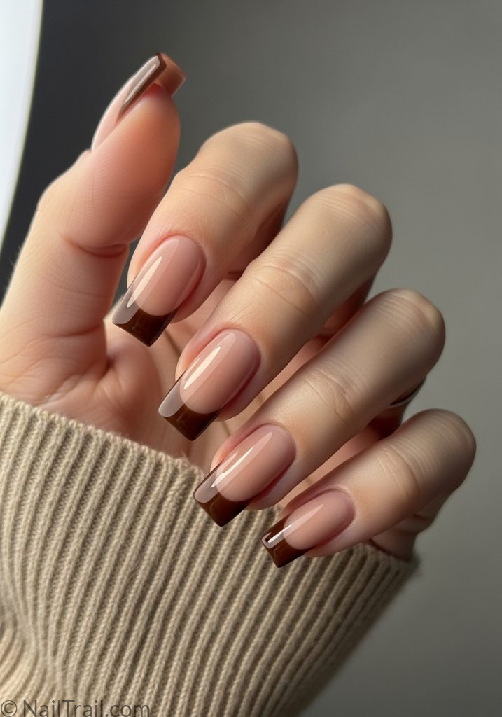 brown French tip square tuscan nails 2000s chocolate nude glossy