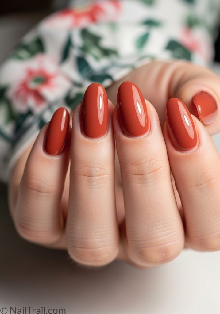 terracotta almond tuscan nails 2000s warm rusty orange brown glossy