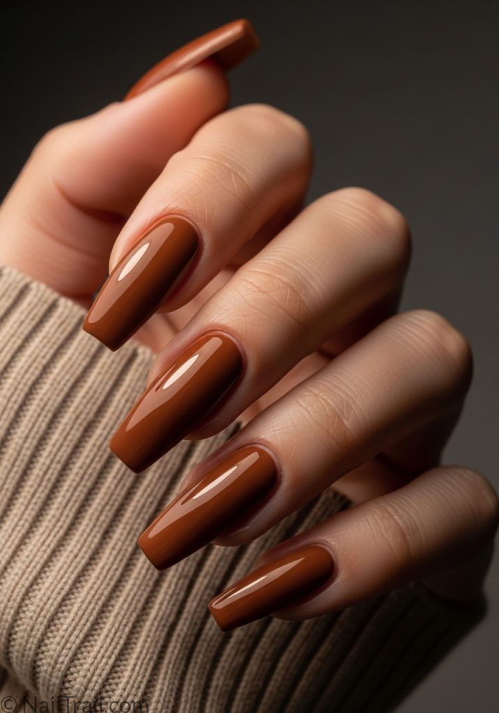 tuscan brown Y2K coffin nails 2000s chocolate long glossy warm
