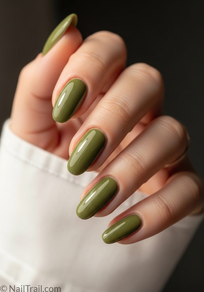 olive green almond tuscan nails 2000s earthy muted khaki glossy