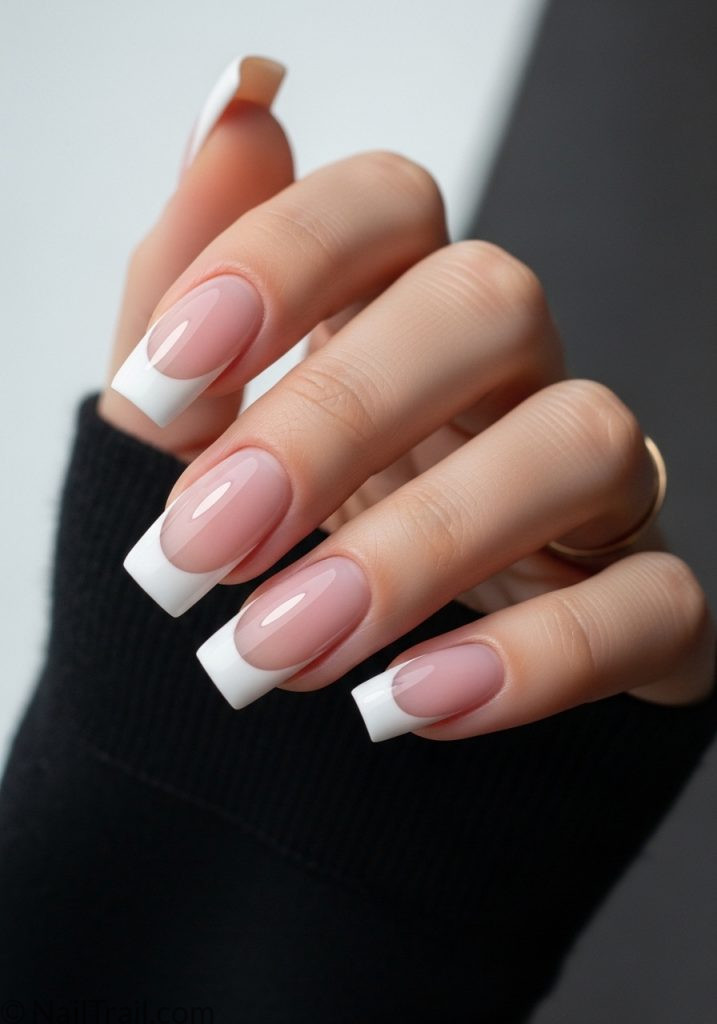 2000s white French tip square tuscan nails thick classic glossy