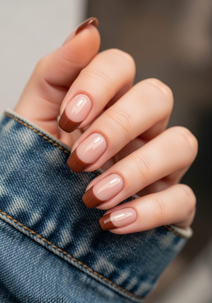 2000s short brown French tip tuscan nails oval nude chocolate glossy
