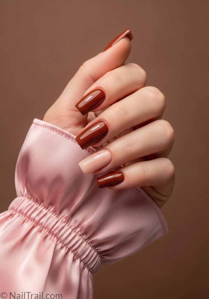 2000s square set tuscan nails brown nude mismatched glossy