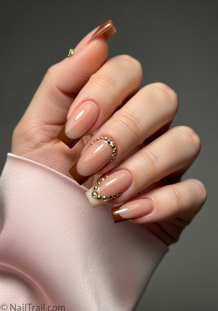 full 2000s tuscan nail set brown nude gold square rhinestone glossy