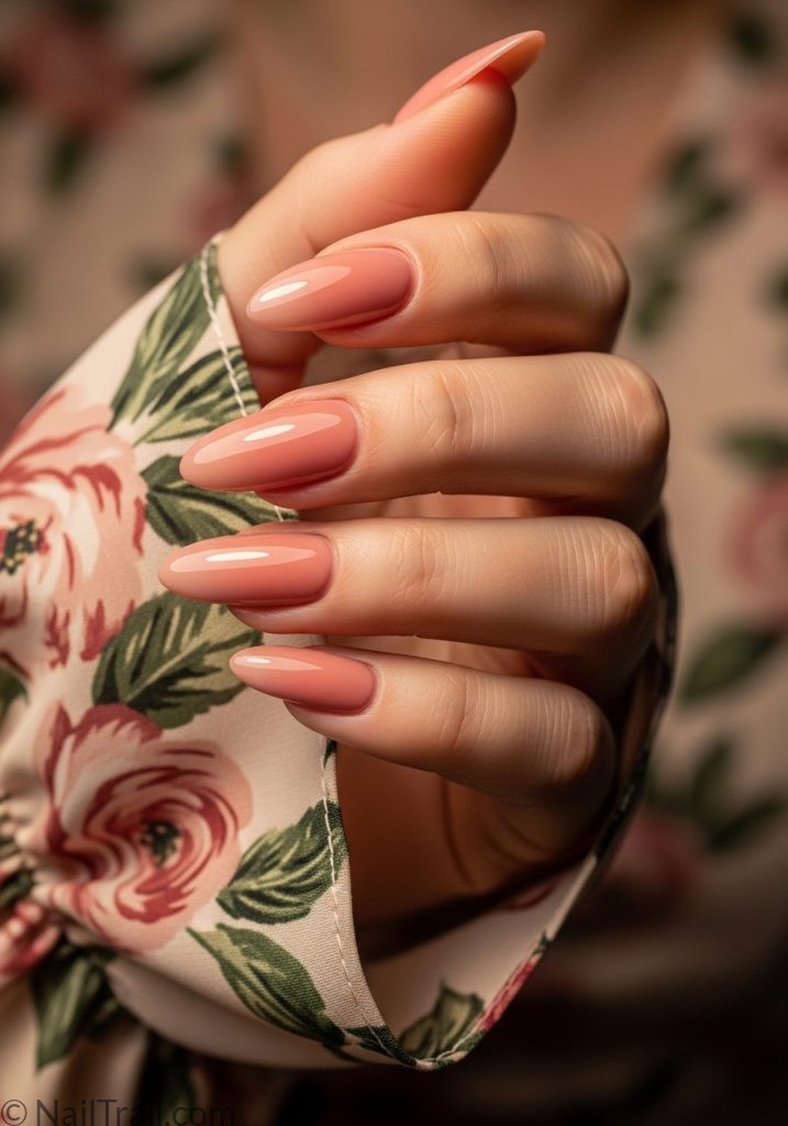 2000s inspo nude pink long almond tuscan nails peachy glossy
