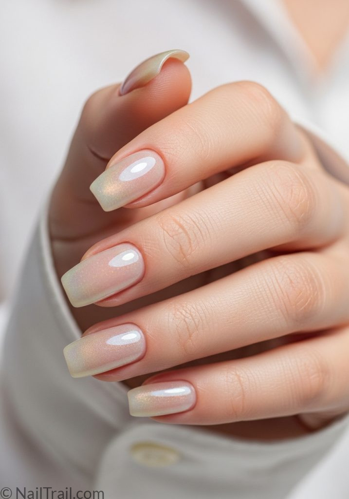 Y2K nail inspo frosted nude square tuscan nails iridescent pearl glossy