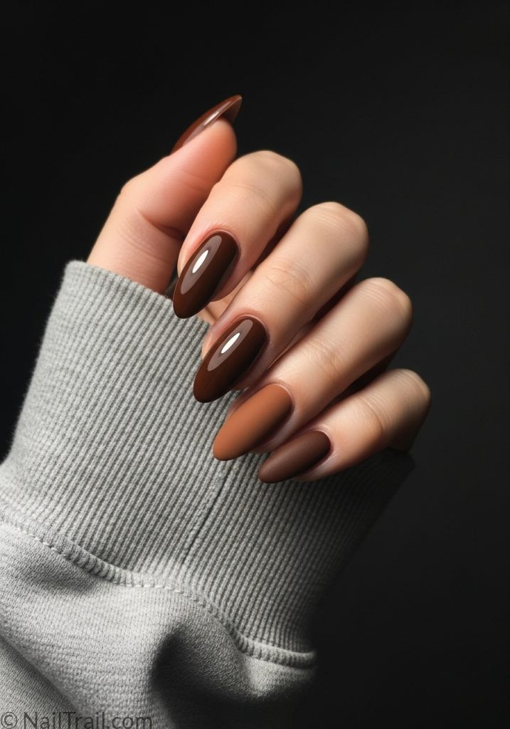 2000s brown set tuscan nails mixed finishes glossy matte almond chocolate