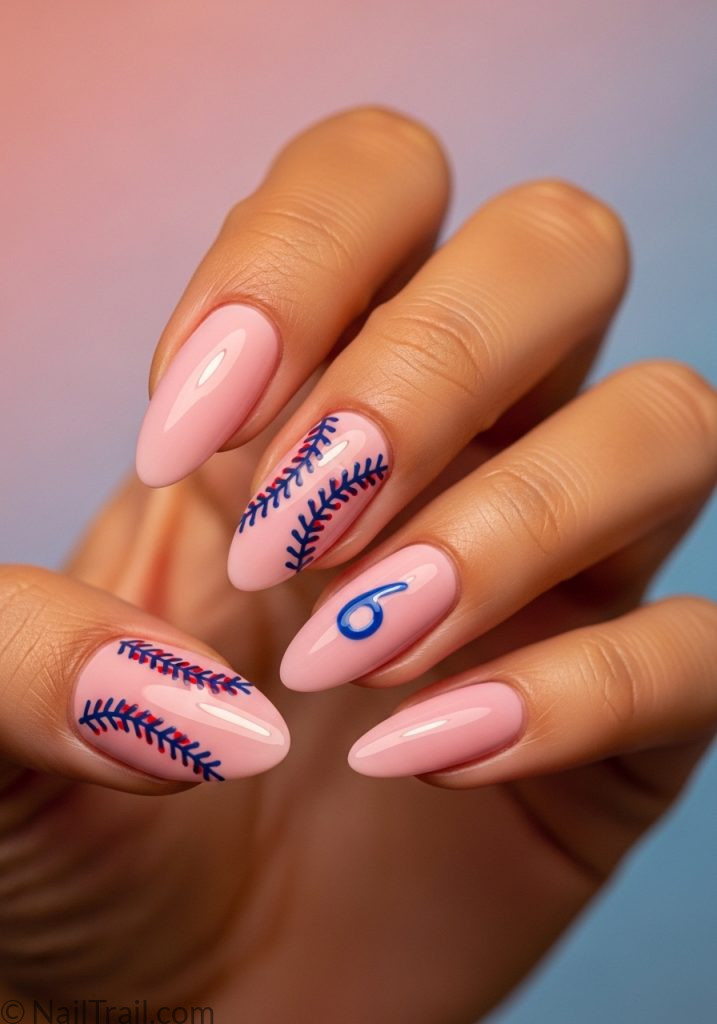  Medium tan hand with pink almond nails blue baseball stitch number baseball nails design mom blue pink almond