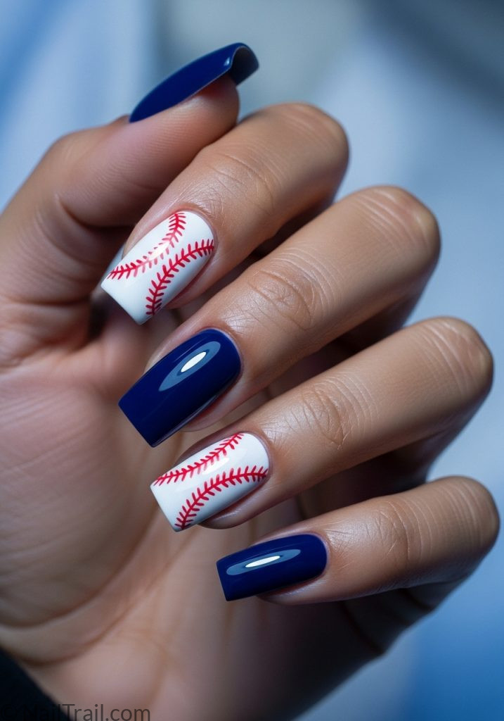 Medium brown hand with blue white square nails baseball stitch baseball nails design mom blue