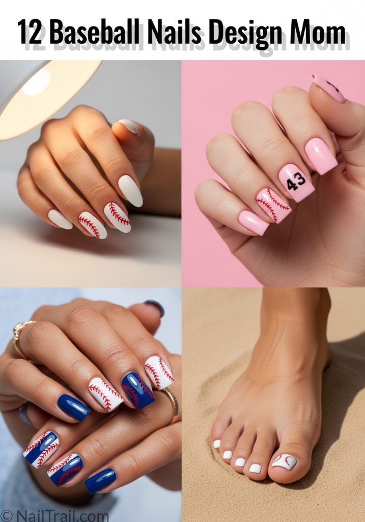 Collage of four baseball mom nail designs including white almond stitch, pink square with number, blue white square, and baseball toe nails
