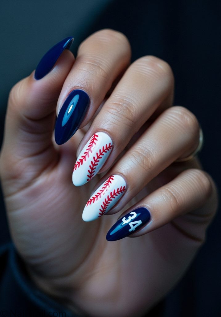 Medium brown hand with navy almond nails white stitch number baseball nails design mom blue with number almond