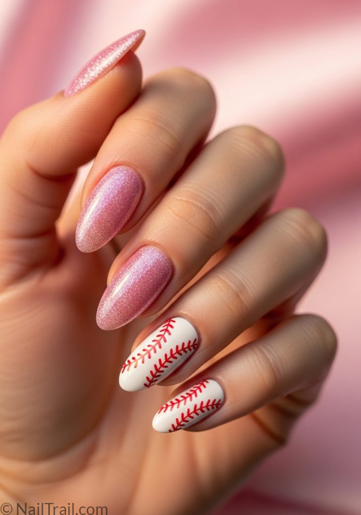 Light hand with pink glitter almond nails white baseball stitch accent baseball nails design mom pink almond