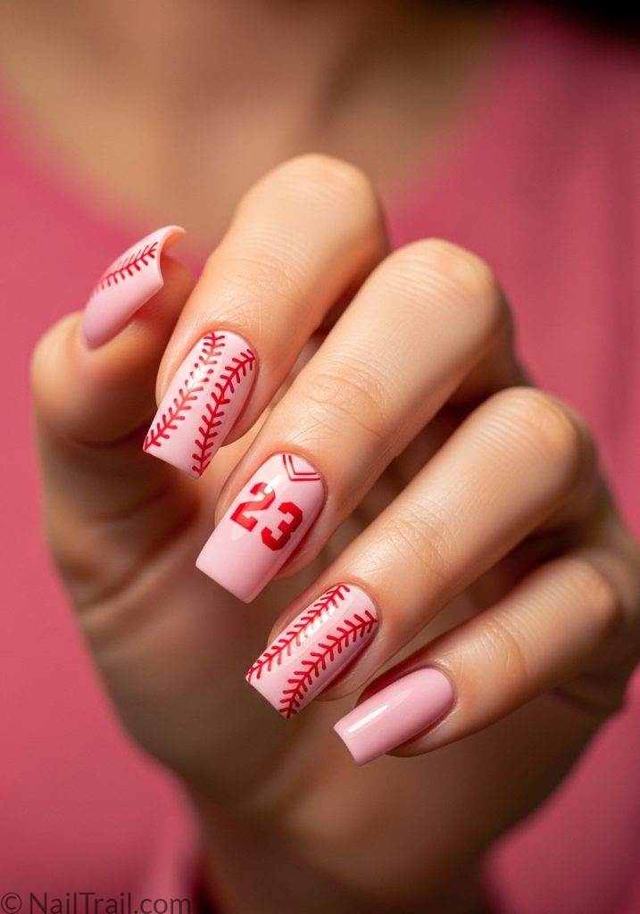 Medium fair hand with pink square nails baseball stitch and number baseball nails design mom pink with number