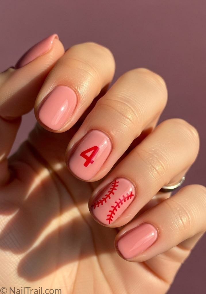 Fair hand with pink short oval nails player number baseball stitch baseball nails design mom pink with number short