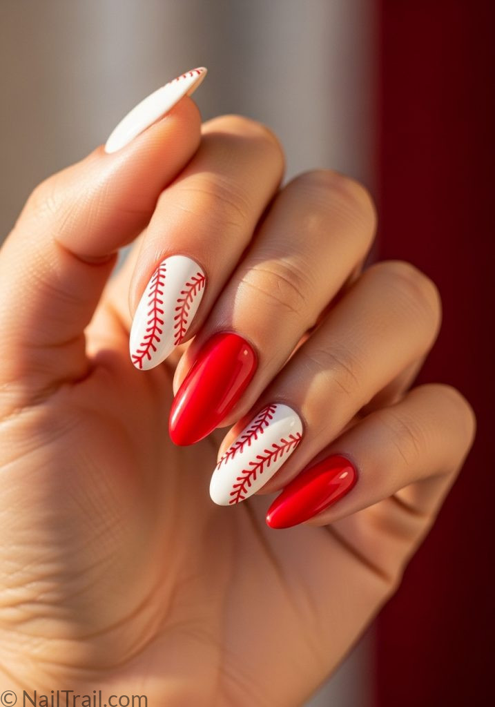 Light tan hand with red white almond nails baseball stitch baseball mom nails design red