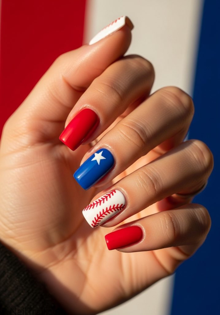 Light tan hand with red white blue square nails baseball stitch star baseball mom nails design