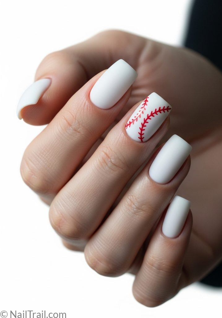 Medium fair hand with white short square nails single baseball stitch baseball nails design mom simple short