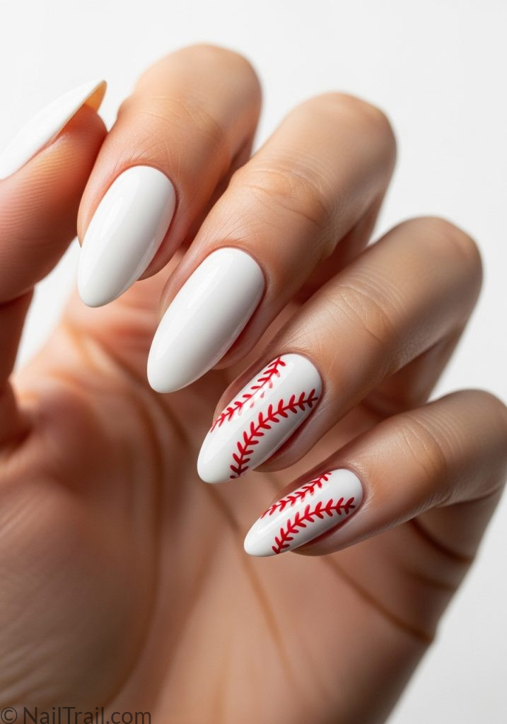 Light hand with white almond nails red baseball stitch art baseball nails design mom almond classic
