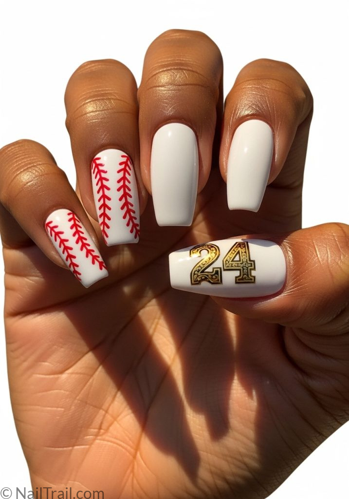 Dark hand with white coffin nails red stitch gold number baseball nails design mom with number white